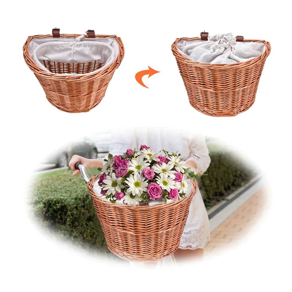 New Bicycle Basket Wicker Woven Bike Front Handlebar Pet Dog Cat Basket Small Container For Pet Carrier Shopping Drawstring Bag