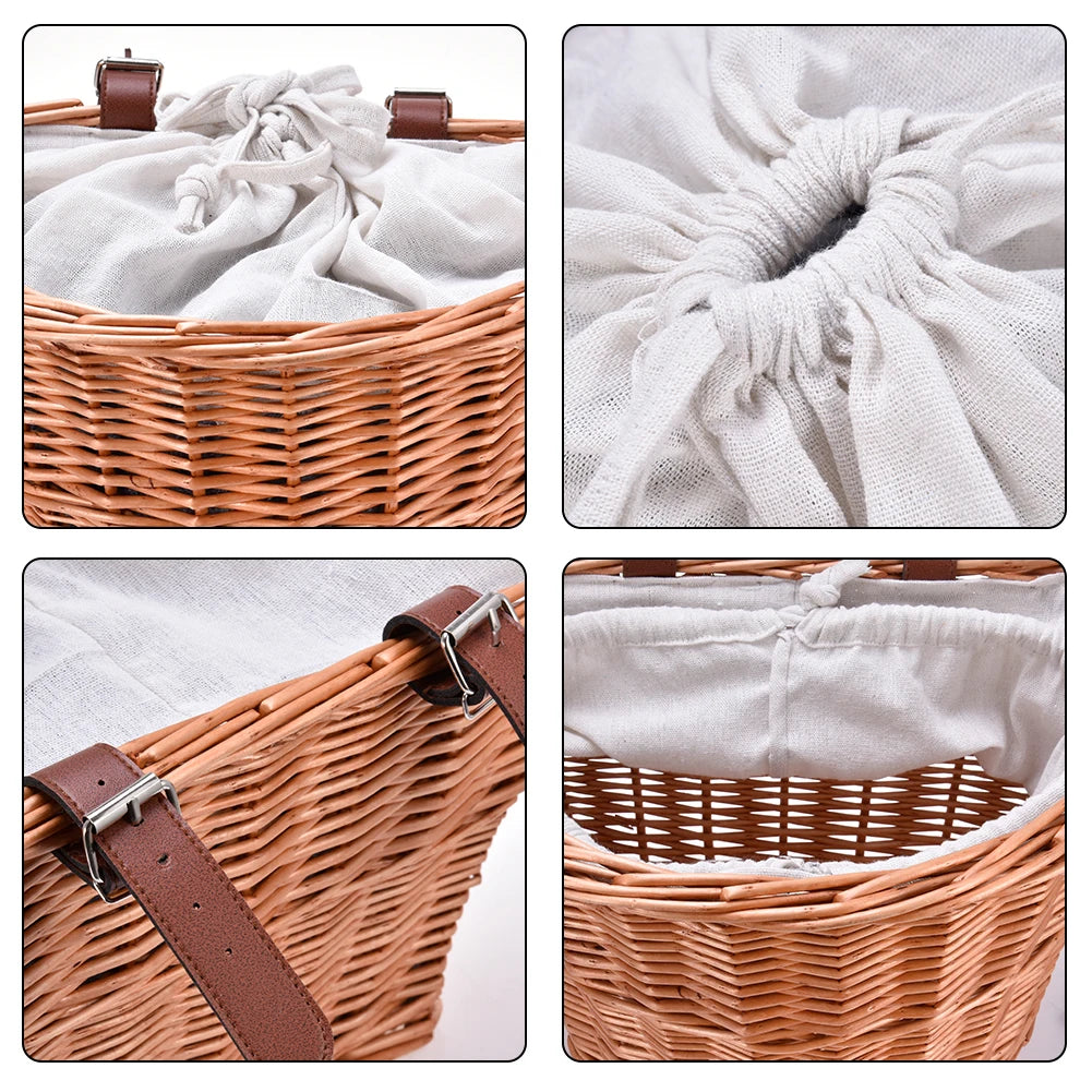 New Bicycle Basket Wicker Woven Bike Front Handlebar Pet Dog Cat Basket Small Container For Pet Carrier Shopping Drawstring Bag