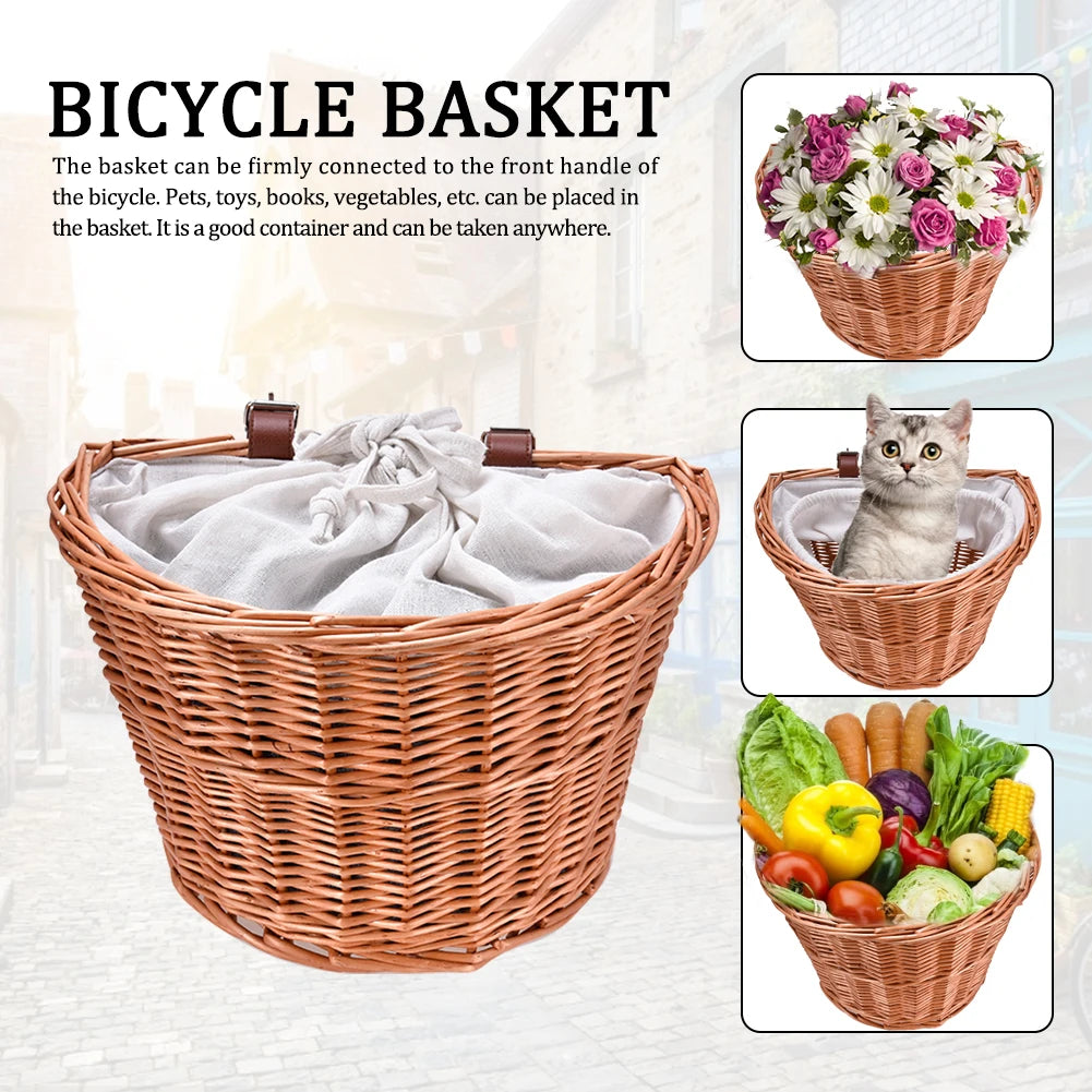 New Bicycle Basket Wicker Woven Bike Front Handlebar Pet Dog Cat Basket Small Container For Pet Carrier Shopping Drawstring Bag