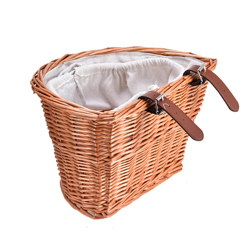 New Bicycle Basket Wicker Woven Bike Front Handlebar Pet Dog Cat Basket Small Container For Pet Carrier Shopping Drawstring Bag