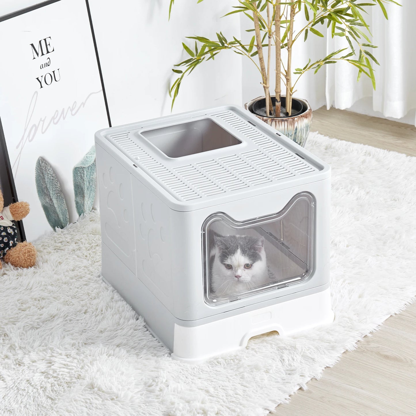 Large Foldable Cat Litter Box - Front Entry & Top Exit